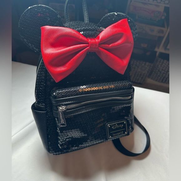 Loungefly Handbags - Disney Loungefly Minnie Mouse Sequin Mini Backpack Black Red Bow 10"x 9"
